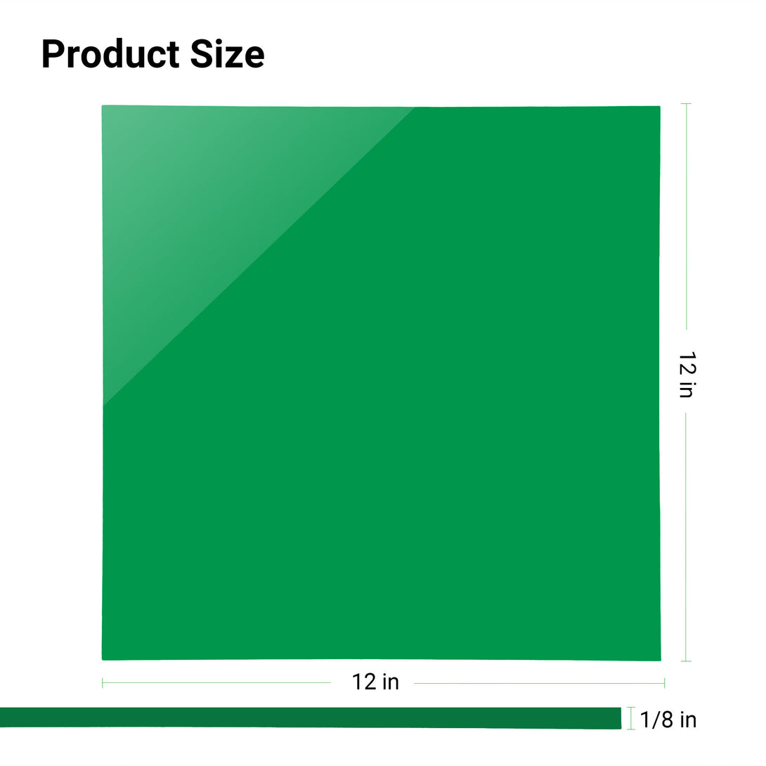 An image of three 12x12 inch green opaque acrylic sheets, each 1/8 inch thick, suitable for crafting and signage projects.