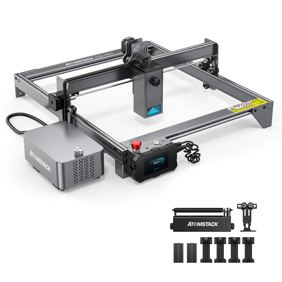 An image of the Atomstack X20 Pro laser engraver with the R3 Pro rotary attachment. The X20 Pro laser engraver pictured here is used in conjunction with the R3 Pro rotary attachment, which is designed for engraving cylindrical objects. This combination offers increased versatility and a better price for a variety of engraving projects.