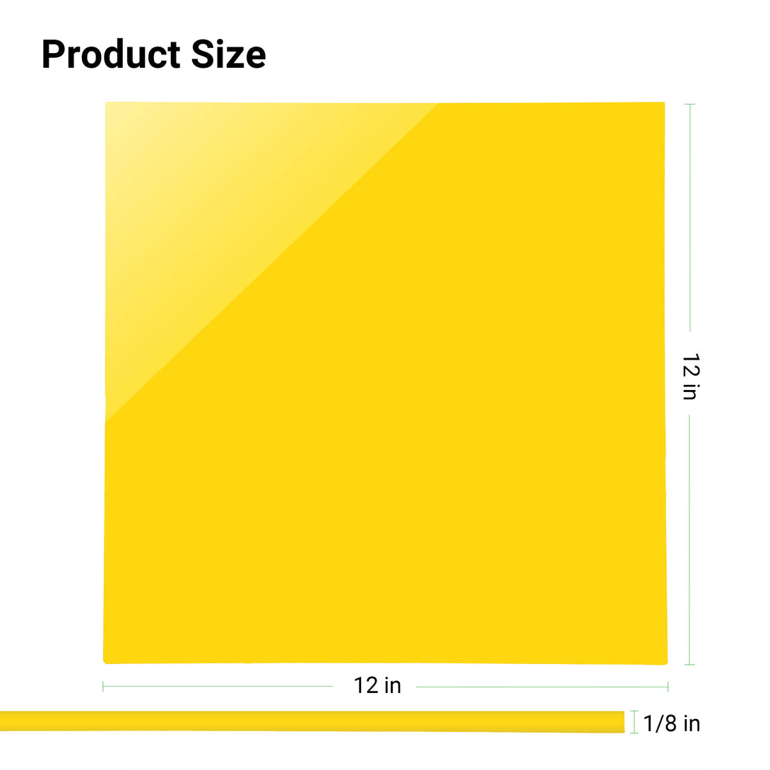 A 12x12 inch yellow opaque acrylic sheet, 1/8 inch thick, suitable for various crafting and sign-making projects requiring a vibrant color.